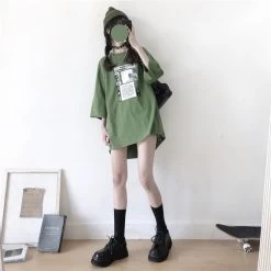 Graphics Print Round Collar Loose T-shirt -Kawaii Fashion Shop College Style Red Green Mid Length Sleeve T Shirts for Girls Loose Casual Oversized Tshirt Female 3