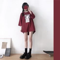 Graphics Print Round Collar Loose T-shirt -Kawaii Fashion Shop College Style Red Green Mid Length Sleeve T Shirts for Girls Loose Casual Oversized Tshirt Female 4