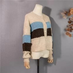 Vintage Contrast Color Striped Cardigans -Kawaii Fashion Shop Colorfaith New 2021 Women s Autumn Winter Sweater Fashionable Elegant Short Striped Cardigans Vintage Pink Knitwear 5