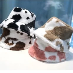 Kawaii Milk Cow Fisherman Caps -Kawaii Fashion Shop Cow Faux Fur Winter Women s Cap Black WhiteTourism Outdoor Bucket Hat for Women Soft Velvet 1