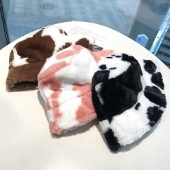 Kawaii Milk Cow Fisherman Caps -Kawaii Fashion Shop Cow Faux Fur Winter Women s Cap Black WhiteTourism Outdoor Bucket Hat for Women Soft Velvet 2
