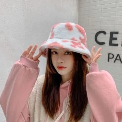 Kawaii Milk Cow Fisherman Caps -Kawaii Fashion Shop Cow Faux Fur Winter Women s Cap Black WhiteTourism Outdoor Bucket Hat for Women Soft Velvet 3
