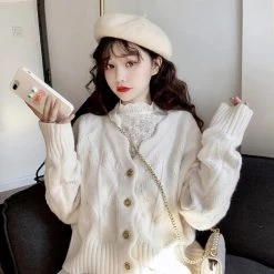 Sweet Wavy-edge Kintted Loose Cardigans -Kawaii Fashion Shop Cropped Cardigan Sweaters Women Lovely Elegant Simple Solid Popular Korean Chic Ladies Knitwear Trendy Daily Girls 3
