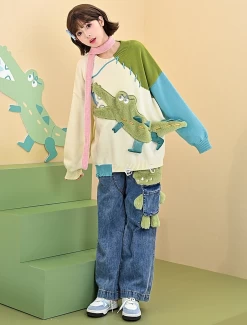 Cute 3D Cartoon Crocodile Embroidery Straight-leg Jeans -Kawaii Fashion Shop Cute 3D Cartoon Crocodile Embroidery Straight leg Jeans 3