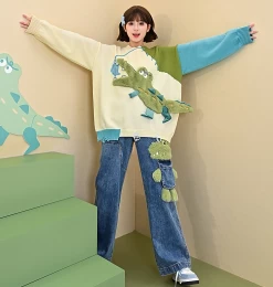 Cute 3D Cartoon Crocodile Embroidery Straight-leg Jeans -Kawaii Fashion Shop Cute 3D Cartoon Crocodile Embroidery Straight leg Jeans 4
