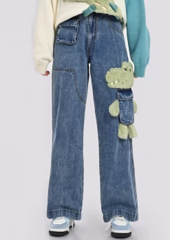 Cute 3D Cartoon Crocodile Embroidery Straight-leg Jeans -Kawaii Fashion Shop Cute 3D Cartoon Crocodile Embroidery Straight leg Jeans 5