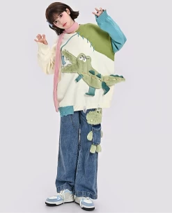 Cute 3D Cartoon Crocodile Embroidery Straight-leg Jeans -Kawaii Fashion Shop Cute 3D Cartoon Crocodile Embroidery Straight leg Jeans 6