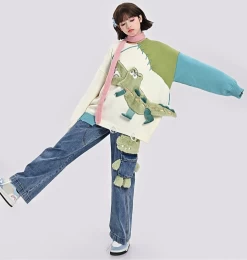 Cute 3D Cartoon Crocodile Embroidery Straight-leg Jeans -Kawaii Fashion Shop Cute 3D Cartoon Crocodile Embroidery Straight leg Jeans 7