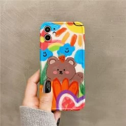 Cute Cartoon Graffiti IPhone Cases -Kawaii Fashion Shop Cute Bear Cartoon Heart Graffiti Oil Painting Phone Cases For iPhone 12 Mini 13 11 Pro 1