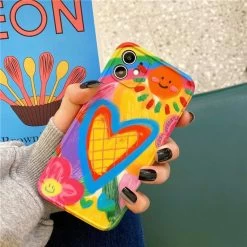 Cute Cartoon Graffiti IPhone Cases -Kawaii Fashion Shop Cute Bear Cartoon Heart Graffiti Oil Painting Phone Cases For iPhone 12 Mini 13 11 Pro 2