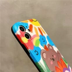 Cute Cartoon Graffiti IPhone Cases -Kawaii Fashion Shop Cute Bear Cartoon Heart Graffiti Oil Painting Phone Cases For iPhone 12 Mini 13 11 Pro 3