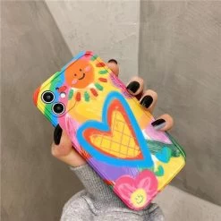 Cute Cartoon Graffiti IPhone Cases -Kawaii Fashion Shop Cute Bear Cartoon Heart Graffiti Oil Painting Phone Cases For iPhone 12 Mini 13 11 Pro 4