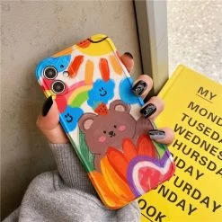 Cute Cartoon Graffiti IPhone Cases -Kawaii Fashion Shop Cute Bear Cartoon Heart Graffiti Oil Painting Phone Cases For iPhone 12 Mini 13 11 Pro 5