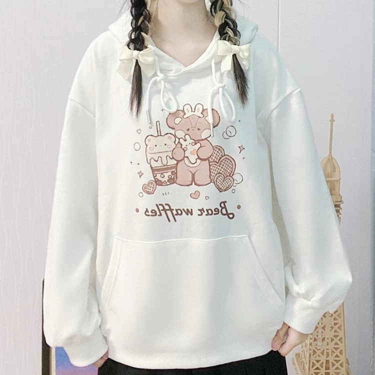 Cute Bear Waffle Loose Couple Hoodie 3 Cute Bear Waffle Loose Couple Hoodie