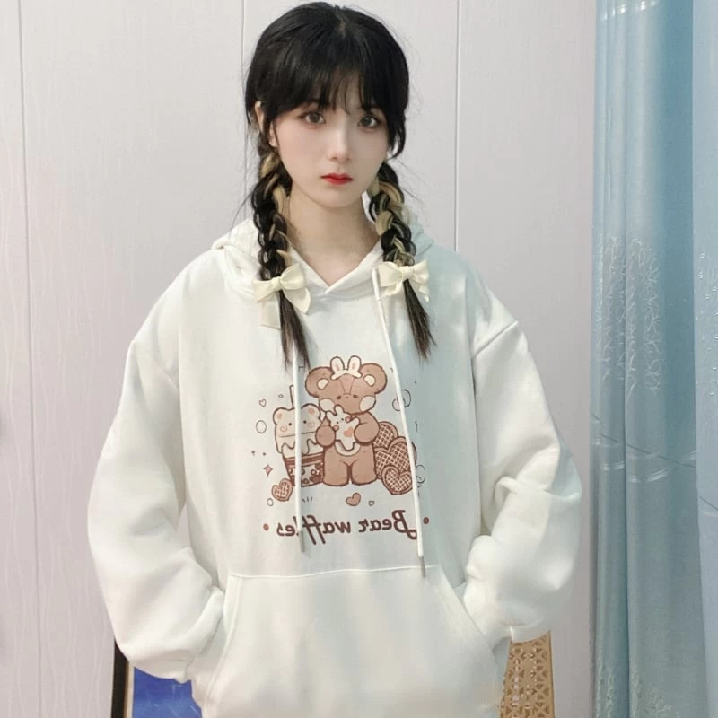 Cute Bear Waffle Loose Couple Hoodie 5 Cute Bear Waffle Loose Couple Hoodie - Image 3