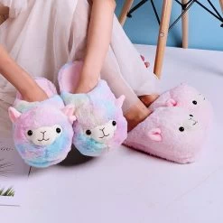 Kawaii Alpaca Slippers -Kawaii Fashion Shop Cute Cartoon Alpaca House Women Fur Slippers Winter Warm Plush Parent Child Floor Slides Indoor Bedroom 3