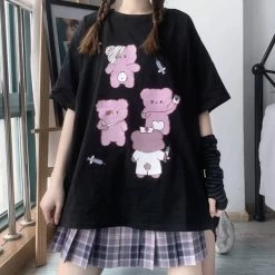 Harajuku Bear Printed T-shirt -Kawaii Fashion Shop Cute Cartoon Clothes Loose Oversize Women T shirt Punk Grunge Streetwear Black Top Harajuku Vintage Dropshipping 2