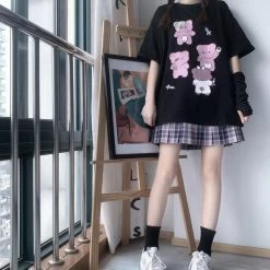 Harajuku Bear Printed T-shirt -Kawaii Fashion Shop Cute Cartoon Clothes Loose Oversize Women T shirt Punk Grunge Streetwear Black Top Harajuku Vintage Dropshipping 3