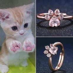 Kawaii Rose Gold Cat Paw Ring -Kawaii Fashion Shop Cute Cat Claw Opening Ring Women Rose Gold Crystal Footprint Plated Adjustable Ring Romantic Wedding Love 5
