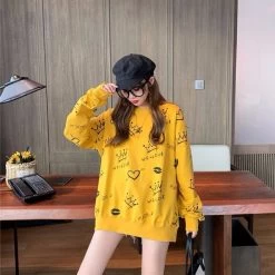 Cute Crown Print Hoodie -Kawaii Fashion Shop Cute Crown Print Hoodie Women Funny Korean Oversized Tops Female Casual Sweatshirt O neck Autumn Long 4