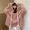Kawaii Bear’s Ear Sherpa Hoodies -Kawaii Fashion Shop Cute Girls 3D Moving Cat Ears Lambswool Hooded Sweater Plush Pullovers Velvet Hoddies Cat Paws Drawstring