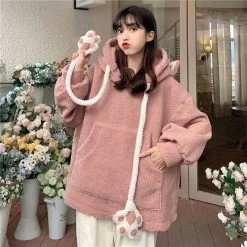 Kawaii Bear’s Ear Sherpa Hoodies -Kawaii Fashion Shop Cute Girls 3D Moving Cat Ears Lambswool Hooded Sweater Plush Pullovers Velvet Hoddies Cat Paws Drawstring 2