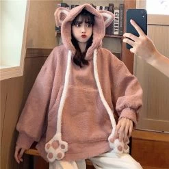 Kawaii Bear’s Ear Sherpa Hoodies -Kawaii Fashion Shop Cute Girls 3D Moving Cat Ears Lambswool Hooded Sweater Plush Pullovers Velvet Hoddies Cat Paws Drawstring 3