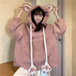 Kawaii Bear’s Ear Sherpa Hoodies -Kawaii Fashion Shop Cute Girls 3D Moving Cat Ears Lambswool Hooded Sweater Plush Pullovers Velvet Hoddies Cat Paws Drawstring 4