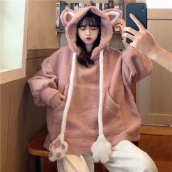 Kawaii Bear’s Ear Sherpa Hoodies -Kawaii Fashion Shop Cute Girls 3D Moving Cat Ears Lambswool Hooded Sweater Plush Pullovers Velvet Hoddies Cat Paws Drawstring 5