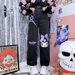 Cute Japanese Harajuku Style Kuromi Printed Jeans -Kawaii Fashion Shop Cute Japanese Harajuku Style Kuromi Printed Jeans 6