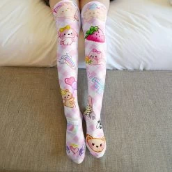 Cute Cat Paw Print Long Tube Stockings -Kawaii Fashion Shop Cute Rabbit Strawberry Over The Knee Stockings Cartoon Cat Paw Print Lady Sexy Long Tube Thigh 2