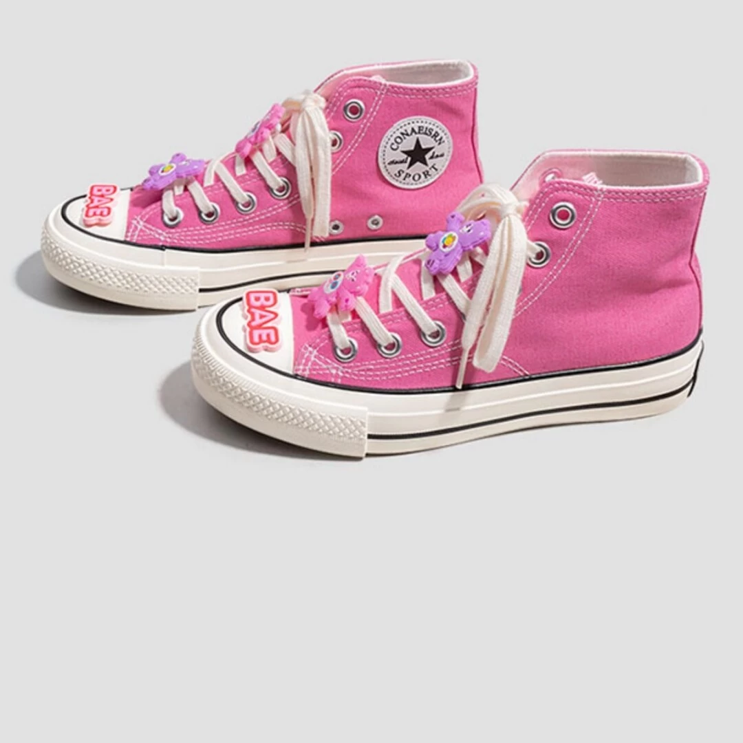 Cute Rainbow Bear Pink High Top Canvas Shoes 4 Cute Rainbow Bear Pink High Top Canvas Shoes - Image 2