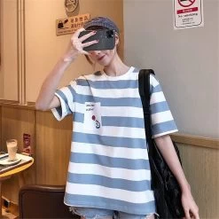 Kawaii Cute Casual Striped T-shirt -Kawaii Fashion Shop Cute Striped Tshirt Streetwear Summer Short Sleeve Oversized T Shirts Casual Harajuku Tops Japan Kawaii Oversized 2