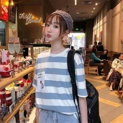 Kawaii Cute Casual Striped T-shirt -Kawaii Fashion Shop Cute Striped Tshirt Streetwear Summer Short Sleeve Oversized T Shirts Casual Harajuku Tops Japan Kawaii Oversized 3