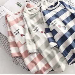 Kawaii Cute Casual Striped T-shirt -Kawaii Fashion Shop Cute Striped Tshirt Streetwear Summer Short Sleeve Oversized T Shirts Casual Harajuku Tops Japan Kawaii Oversized 5