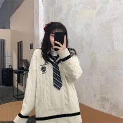 Cute Korean Student Uniforms White Sweater -Kawaii Fashion Shop Cute Student Uniforms Autumn Winter Long Sleeve Sweater Women 2021 New Korean Version Style V neck 2
