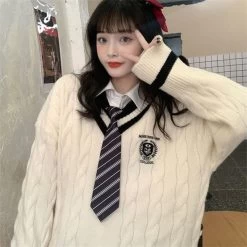 Cute Korean Student Uniforms White Sweater -Kawaii Fashion Shop Cute Student Uniforms Autumn Winter Long Sleeve Sweater Women 2021 New Korean Version Style V neck 3