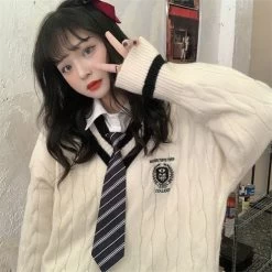 Cute Korean Student Uniforms White Sweater -Kawaii Fashion Shop Cute Student Uniforms Autumn Winter Long Sleeve Sweater Women 2021 New Korean Version Style V neck 4