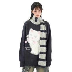 Cute Sweet Girl Style Cartoon Kitten Embroidered Sweater -Kawaii Fashion Shop Cute Sweet Girl Style Cartoon Kitten Embroidered Sweater 1