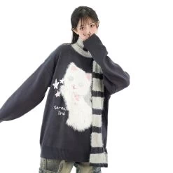 Cute Sweet Girl Style Cartoon Kitten Embroidered Sweater -Kawaii Fashion Shop Cute Sweet Girl Style Cartoon Kitten Embroidered Sweater 2