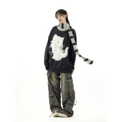 Cute Sweet Girl Style Cartoon Kitten Embroidered Sweater -Kawaii Fashion Shop Cute Sweet Girl Style Cartoon Kitten Embroidered Sweater 4