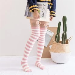 Cute Fuzzy Striped Stockings -Kawaii Fashion Shop Cute Winter Fuzzy Striped Stockings Women Leg Warmer Thigh High Socks White Meias Divertidas Largas Mujer 2