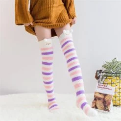 Cute Fuzzy Striped Stockings -Kawaii Fashion Shop Cute Winter Fuzzy Striped Stockings Women Leg Warmer Thigh High Socks White Meias Divertidas Largas Mujer 3