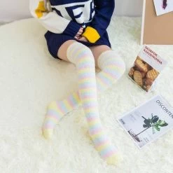 Fuzzy Striped Thigh Highs Socks -Kawaii Fashion Shop Cute Winter Striped Rainbow Stockings Girl Leg Warmer Thigh High Fuzzy Thick Socks Meias Divertidas Largas 3