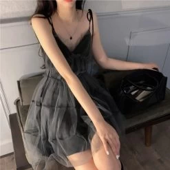 Dark Gothic Suspender Skirt 12 Dark Gothic Suspender Skirt -Kawaii Fashion Shop Dark Gothic Dress Women Mesh Short Dress Patchwork Lace Up Mini Dress Women Y2k Harajuku Goth 4