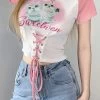 Kitties Printed Lace-Up Tops -Kawaii Fashion Shop Darlingaga Sweet Cute Printed Summer Women s T shirts Patchwork Lace Up Crop Top Korean Fashion