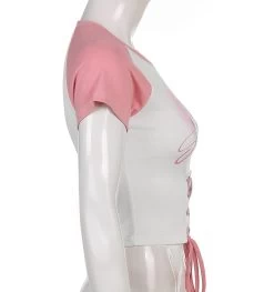 Kitties Printed Lace-Up Tops -Kawaii Fashion Shop Darlingaga Sweet Cute Printed Summer Women s T shirts Patchwork Lace Up Crop Top Korean Fashion 3