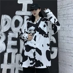 Korean Style Milky Cow Print Blouse -Kawaii Fashion Shop Deeptown Cow Print Women Blouses Korean Style Fashion Spring 2021 Button Up Shirt Loose Long Sleeve 2