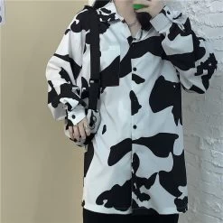 Korean Style Milky Cow Print Blouse -Kawaii Fashion Shop Deeptown Cow Print Women Blouses Korean Style Fashion Spring 2021 Button Up Shirt Loose Long Sleeve 3