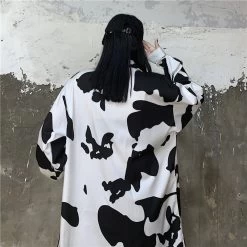 Korean Style Milky Cow Print Blouse -Kawaii Fashion Shop Deeptown Cow Print Women Blouses Korean Style Fashion Spring 2021 Button Up Shirt Loose Long Sleeve 4